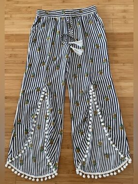 New! Solitaire Swim Stripe Pineapple Pom-Pom Drawstring Pants medium